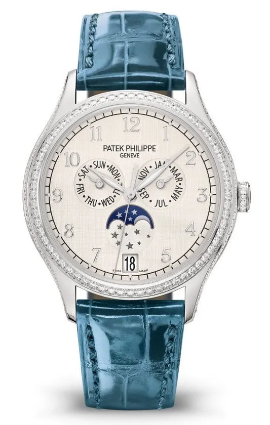 Patek Philippe Complications Annual Calendar Diamond Peacock Blue Alligator Ladies Watch 4947G-010