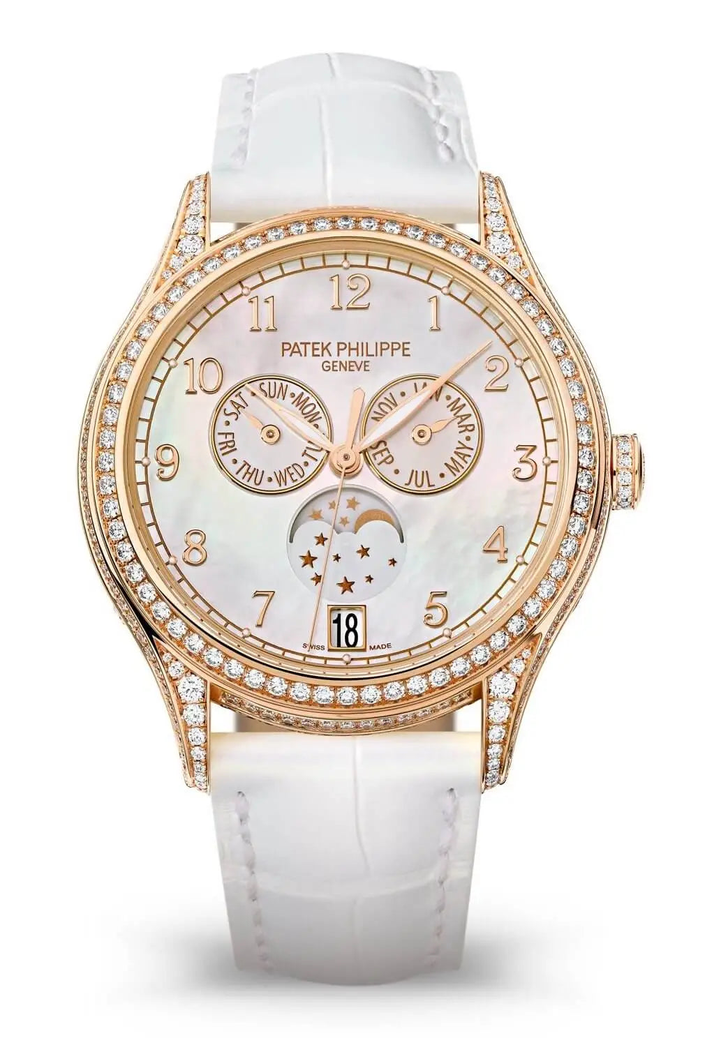 Patek Philippe Complications Annual Calendar Diamond White Alligator Ladies Watch 4948R-001
