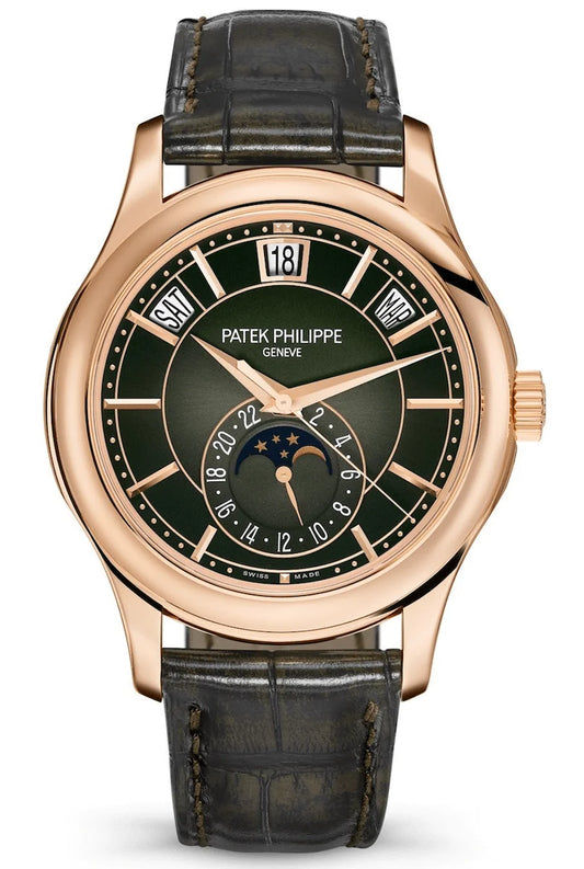 Patek Philippe Complications Annual Calendar Rose Gold Olive Green Alligator Men’s Watch 5205R-011