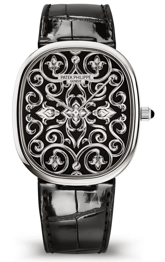 Patek Philippe Golden Ellipse Grand Feu Black Champleve Alligator Men’s Watch 5738/51G-001