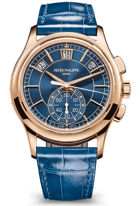 Patek Philippe Complications Flyback Chronograph Annual Calendar Rose Gold Blue Alligator Men’s Watch 5905R-010