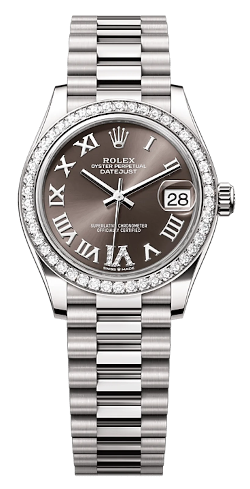 Rolex Datejust 31 White Gold Dark Grey Roman Diamond President Ladies Watch 278289RBR-0020