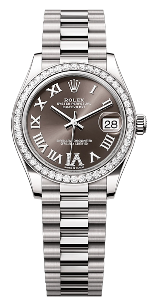 Rolex Datejust 31 White Gold Dark Grey Roman Diamond President Ladies Watch 278289RBR-0020
