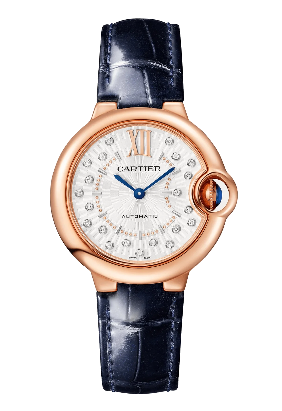 Cartier Ballon Bleu 33mm Rose Gold Blue Alligator Diamond Ladies Watch WGBB0052