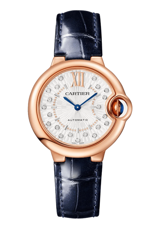 Cartier Ballon Bleu 33mm Rose Gold Blue Alligator Diamond Ladies Watch WGBB0052