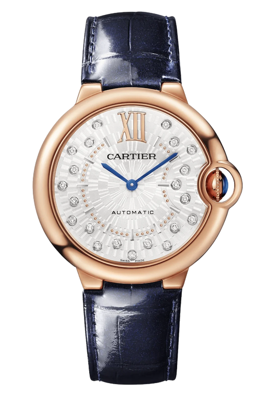 Cartier Ballon Bleu 36mm Diamond Rose Gold Blue Alligator Unisex Watch WGBB0053