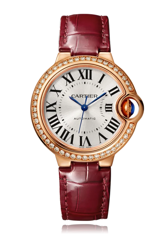 Cartier Ballon Bleu 33mm Rose Gold Diamond Burgundy Alligator Ladies Watch WJBB0033