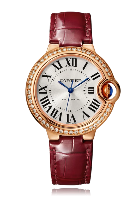 Cartier Ballon Bleu 33mm Rose Gold Diamond Burgundy Alligator Ladies Watch WJBB0033