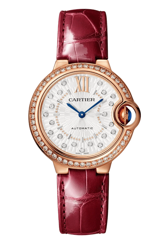 Cartier Ballon Bleu 33mm Diamond Rose Gold Burgundy Alligator Ladies Watch WJBB0080