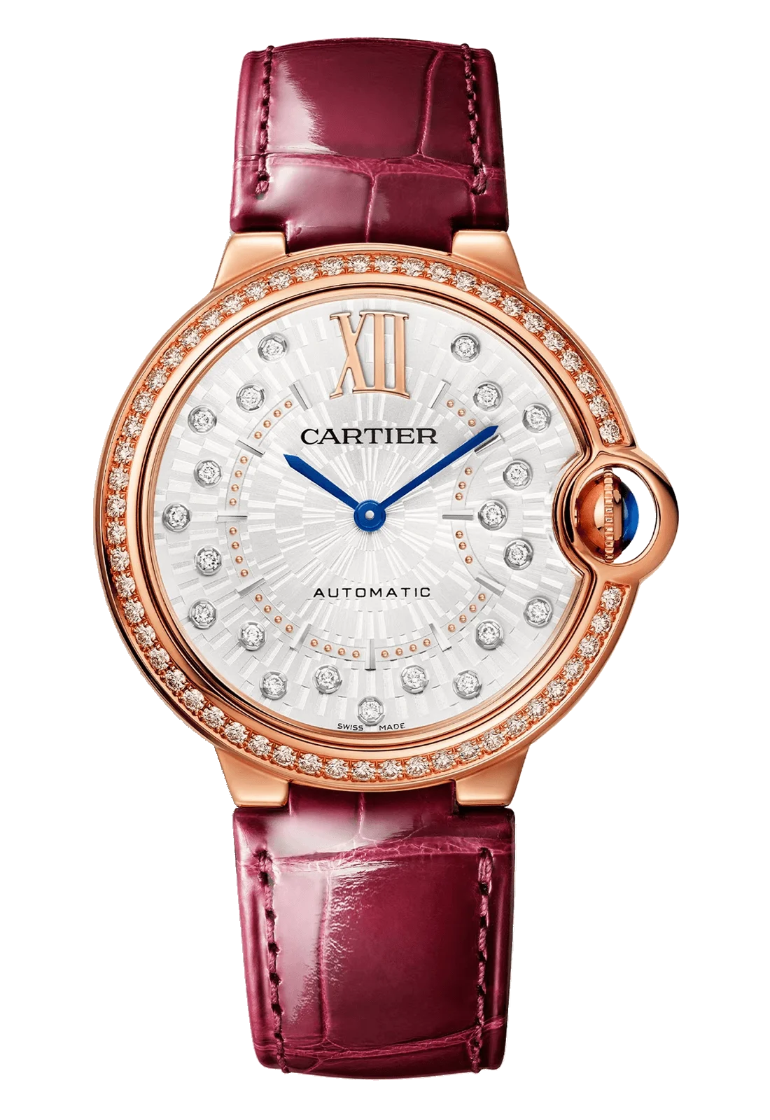 Cartier Ballon Bleu 36mm Diamond Rose Gold Burgundy Alligator Ladies Watch WJBB0081