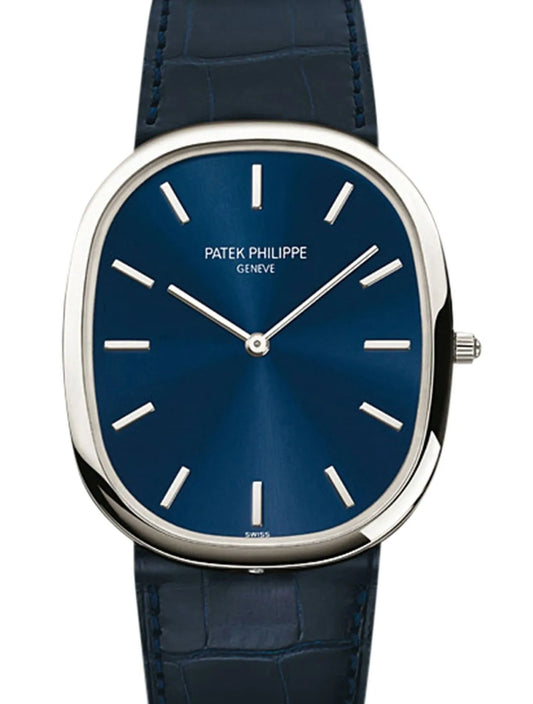 Patek Philippe Golden Ellipse Platinum Blue Gold Sunburst Alligator Men’s Watch 5738P-001