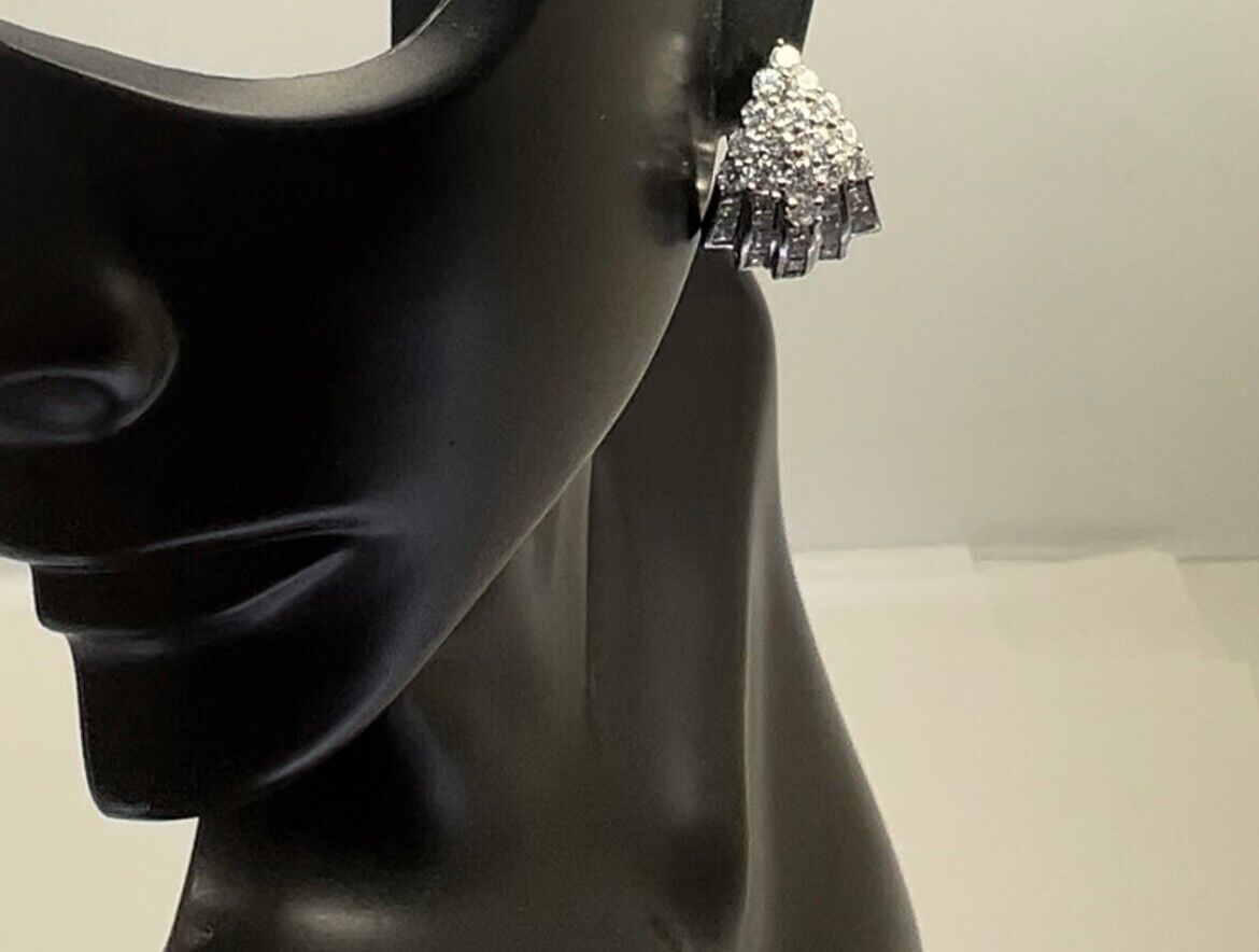 14k White Gold Diamond Channel set Baguette Round Leaver Back Earrings