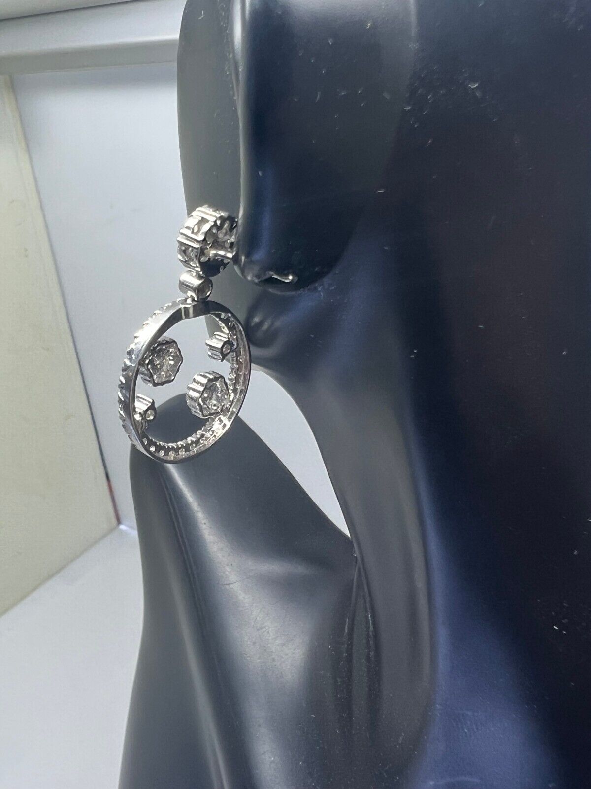 14k White Gold Diamond Drop Hoop Flower Earrings