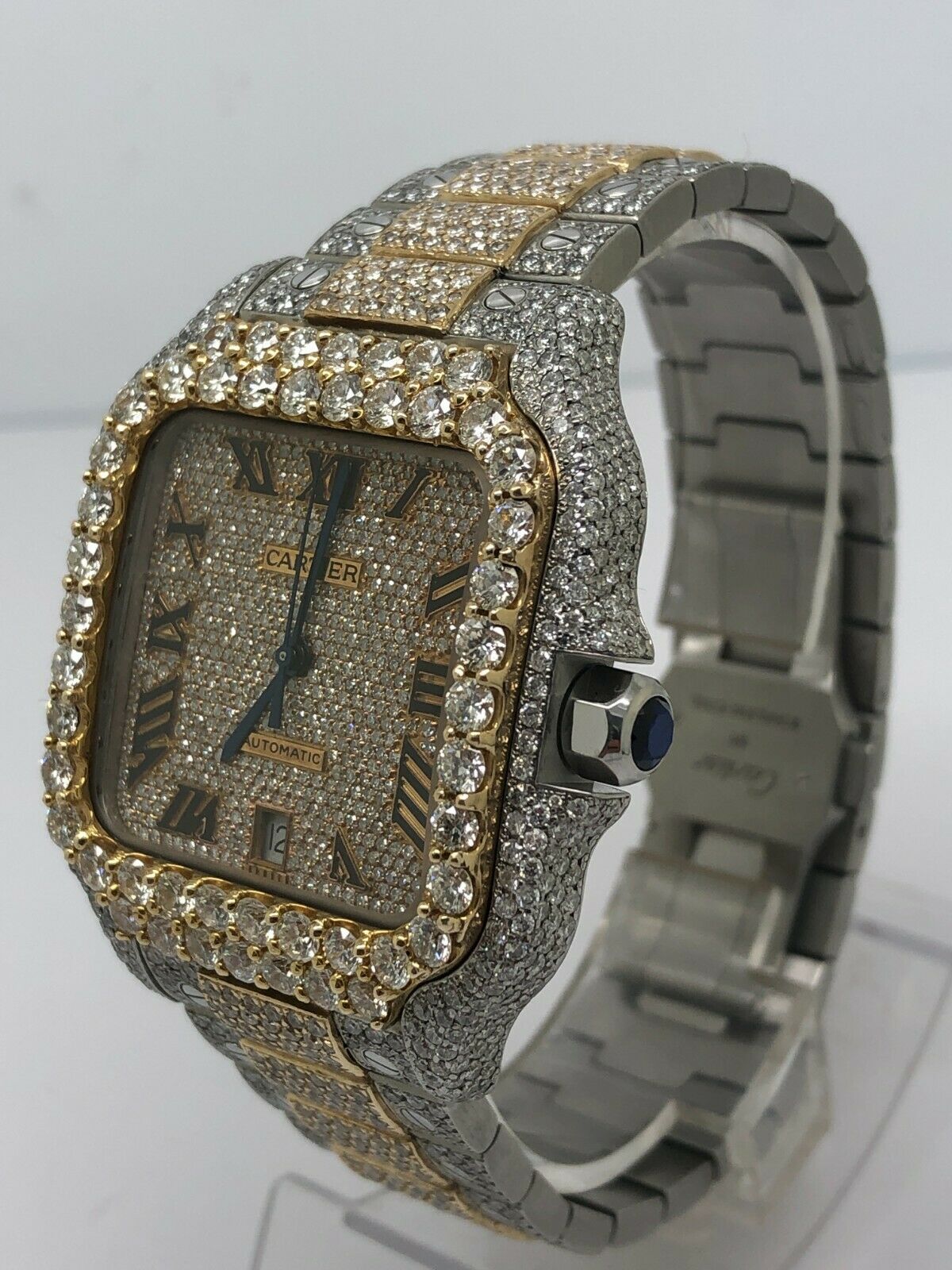 Cartier Santos Two Tone Custom Iced Out Bustdown Wrist Watch