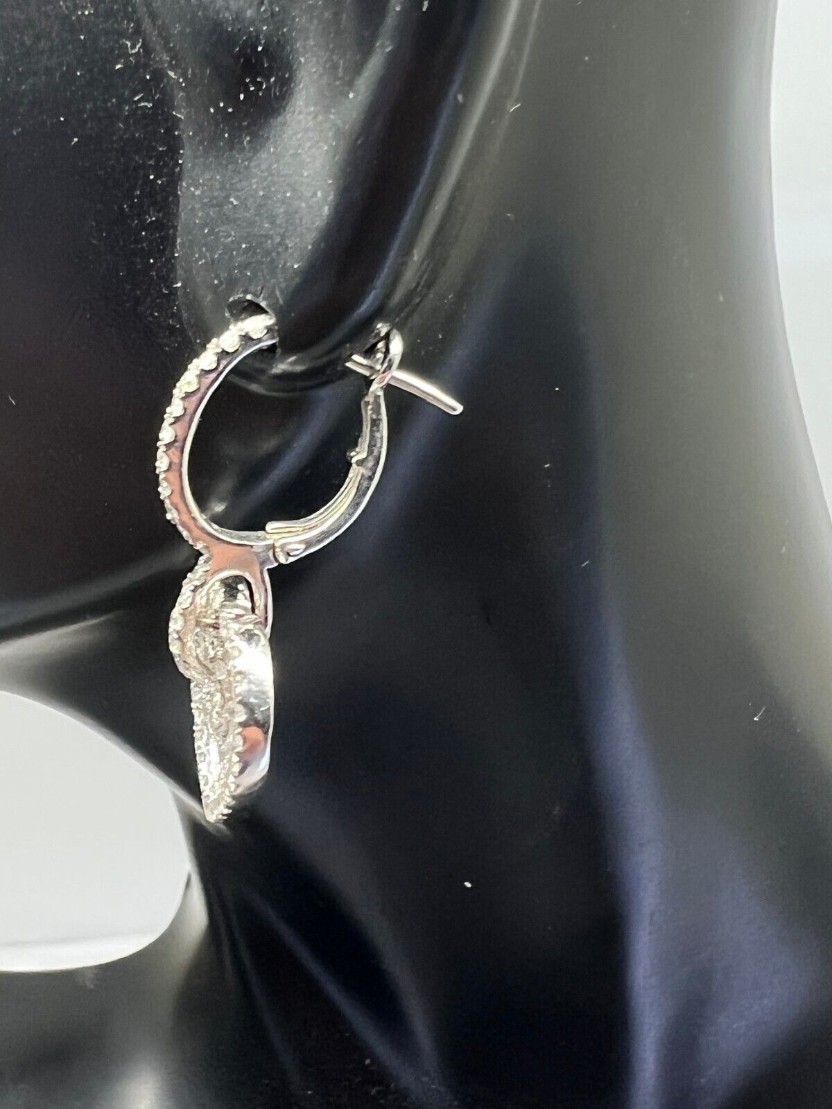 14k White Gold Diamond Pave Heart Drop Dangle Huggy Earrings