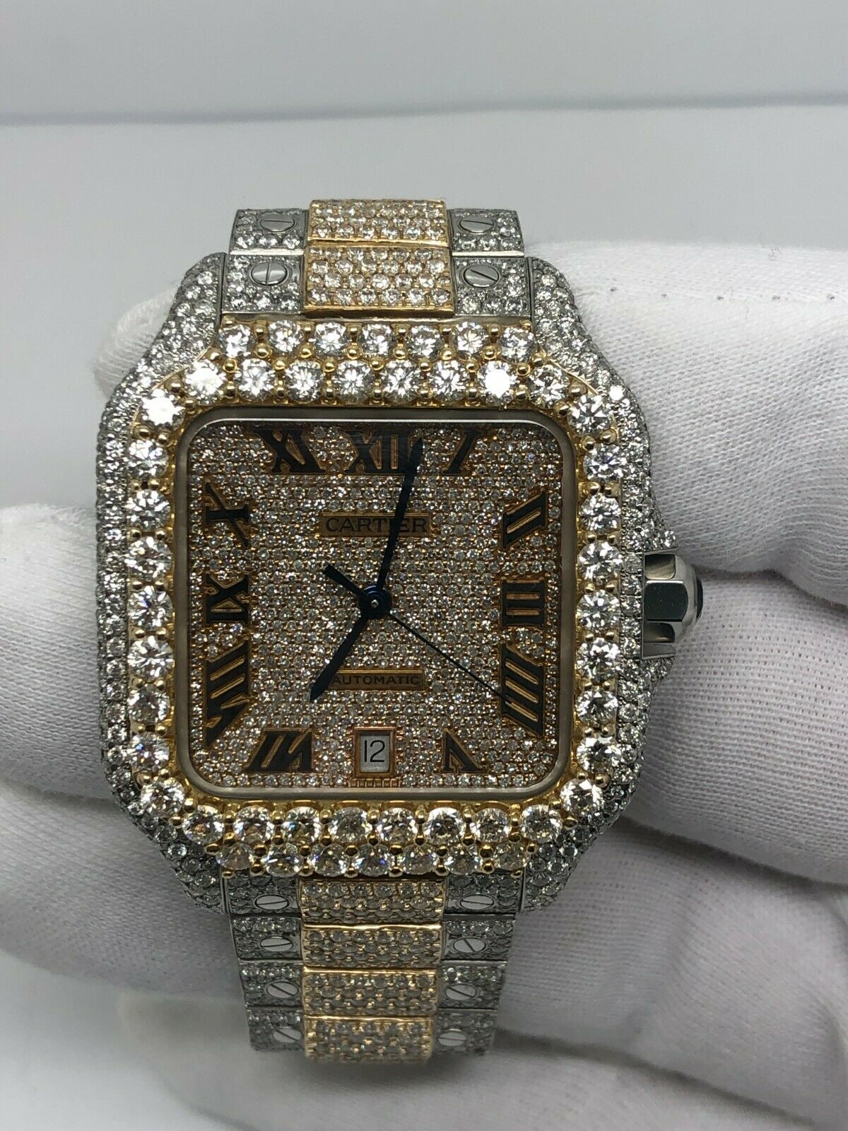 Cartier Santos Two Tone Custom Iced Out Bustdown Wrist Watch