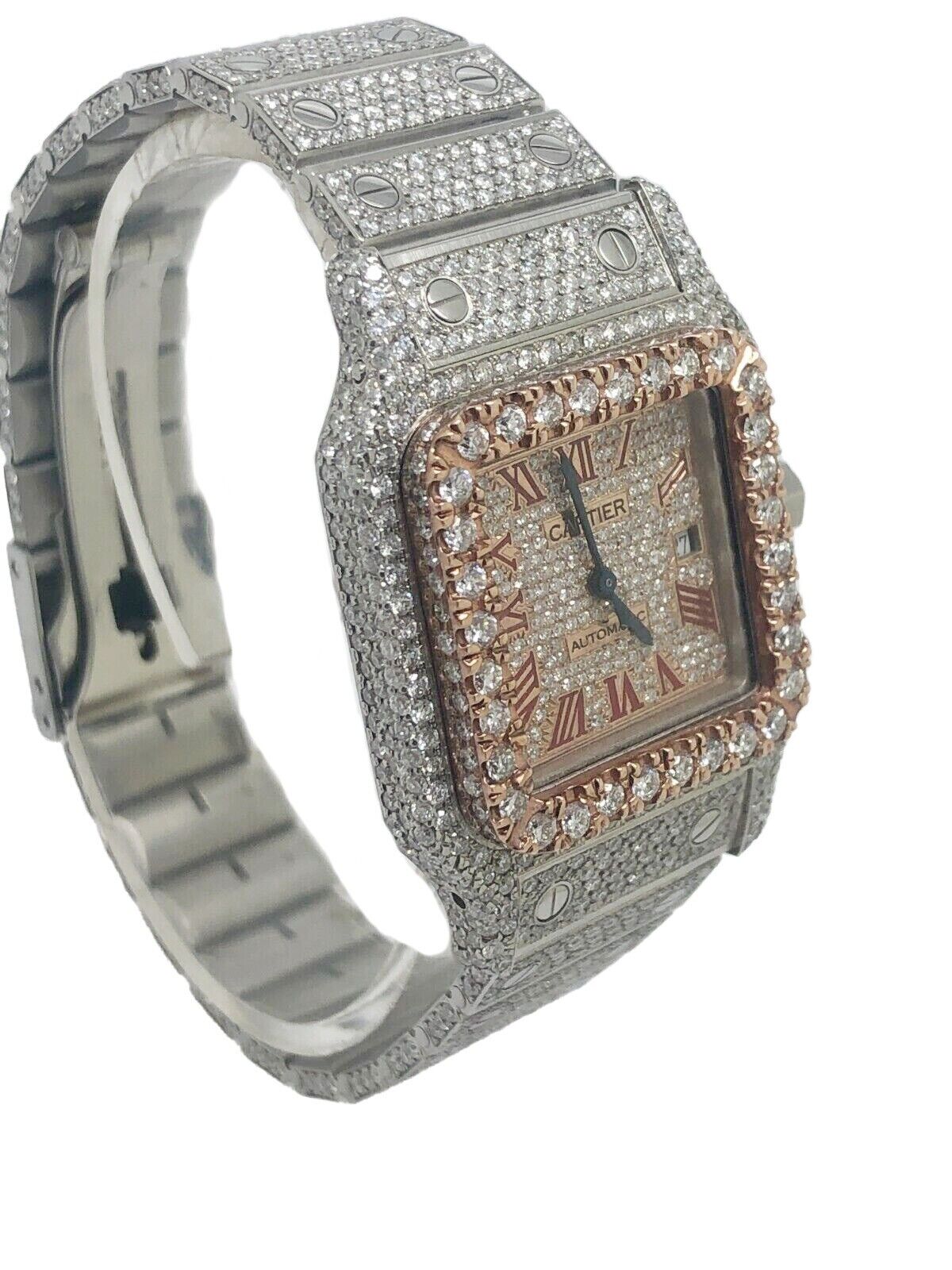 Custom Ladies Cartier Santos 29mm Iced Out Two Tone Rose Gold Watch