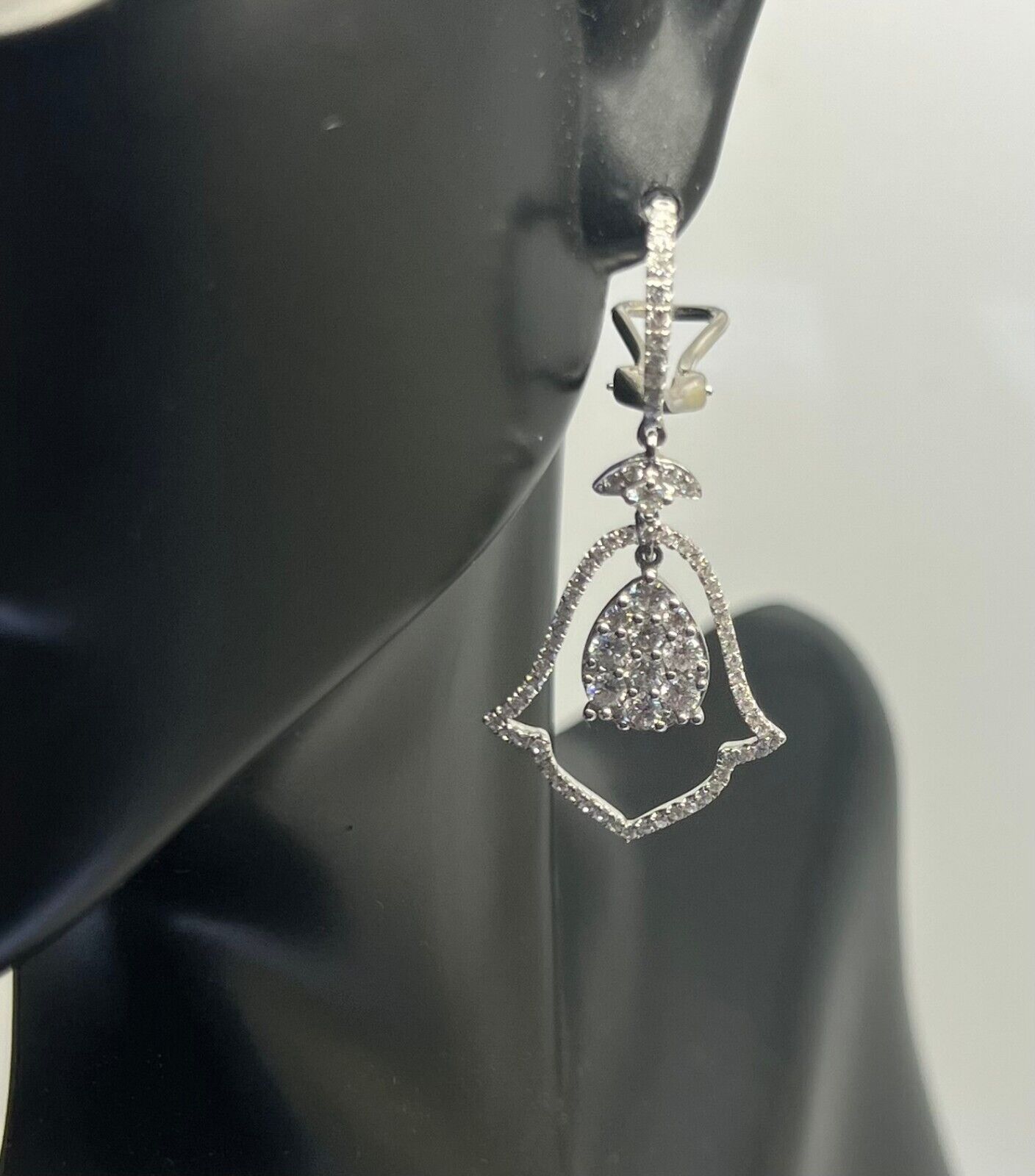 14k White Gold Diamond Bell Pave Dangle Drop Earrings