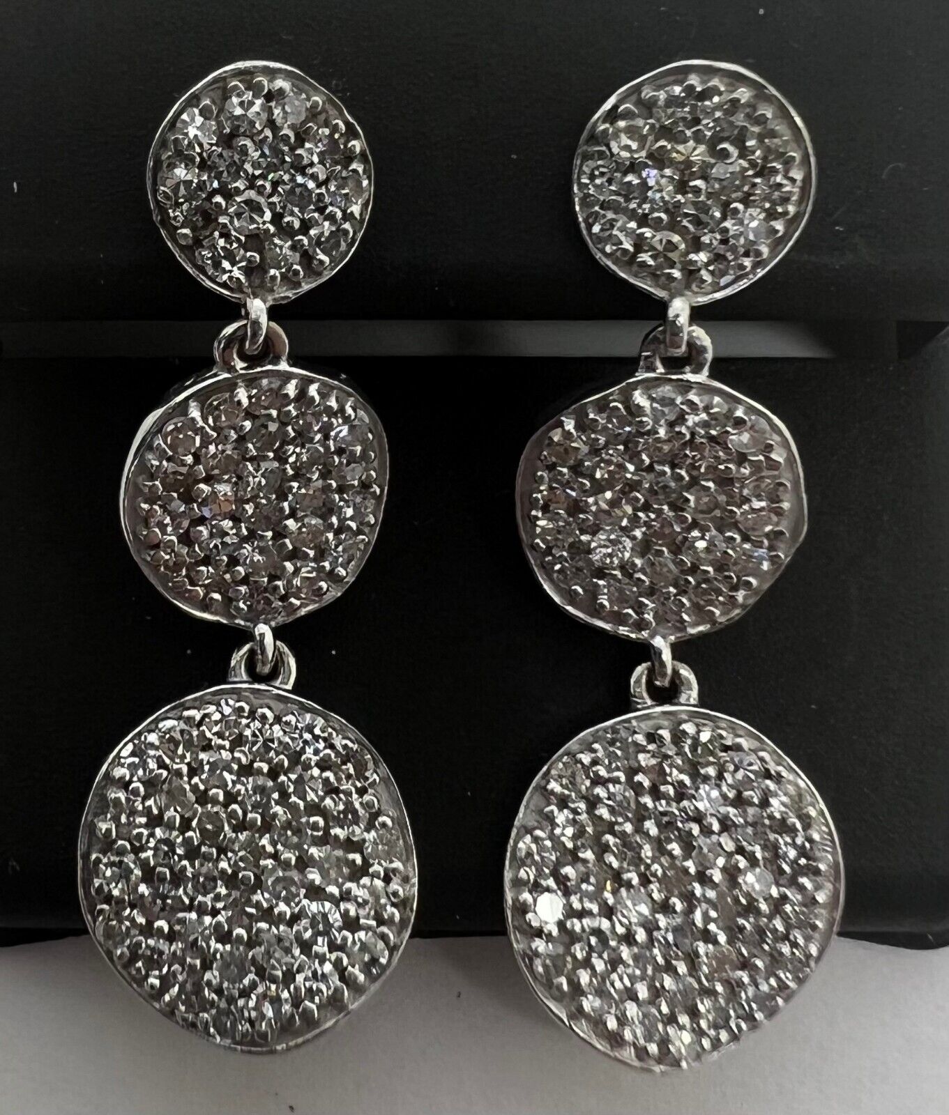 14k White Gold Diamond Pave Drop Dangle Circle Earrings
