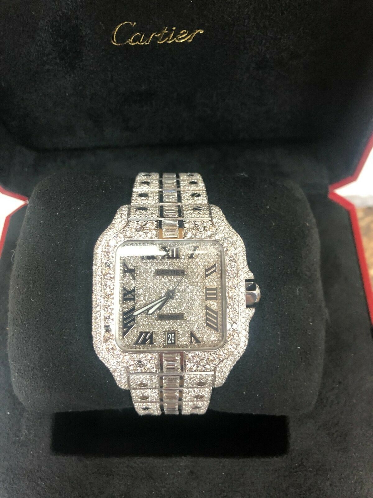 Cartier Santos 40mm Iced Out Emerald Cut Diamond Roman Numeral Watch