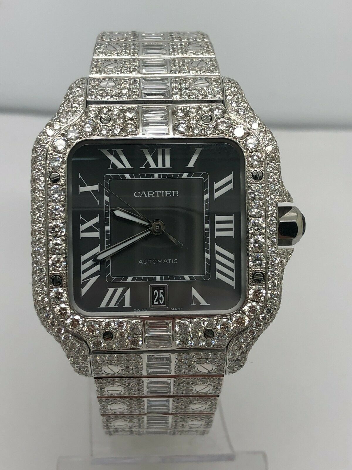 Cartier Santos 40mm Iced Out VVS Emerald Cut Diamond Roman Numeral Watch