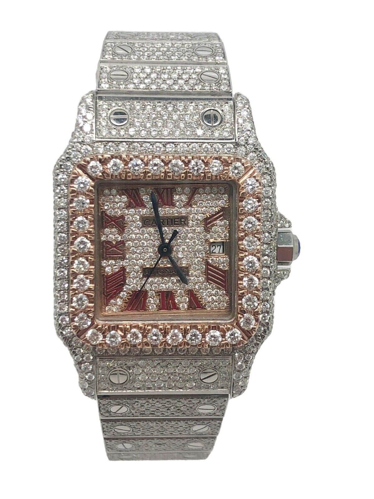 Custom Ladies Cartier Santos 29mm Iced Out Two Tone Rose Gold Watch