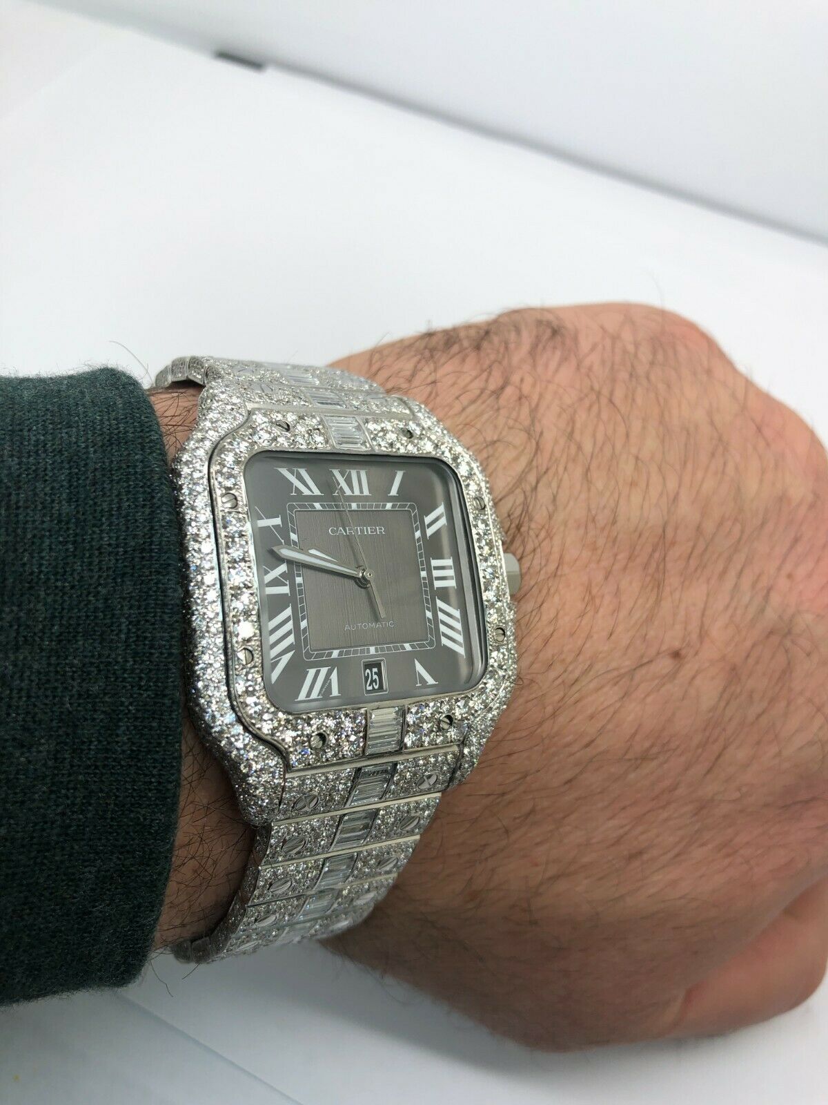 Cartier Santos 40mm Iced Out VVS Emerald Cut Diamond Roman Numeral Watch