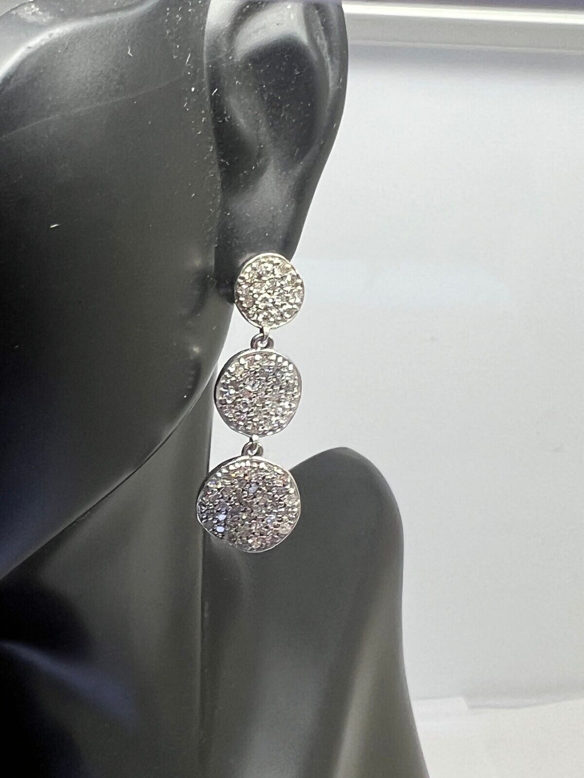 14k White Gold Diamond Pave Drop Dangle Circle Earrings