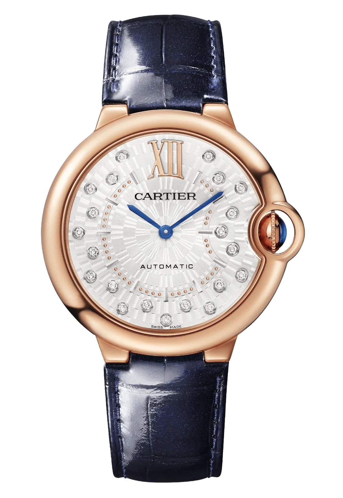 Cartier Ballon Bleu 36mm Diamond Rose Gold Blue Alligator Unisex Watch WGBB0053