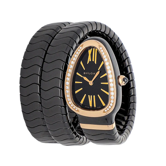 Bvlgari Serpenti Spiga Black Ceramic Rose Gold Diamond Ladies Watch 102885