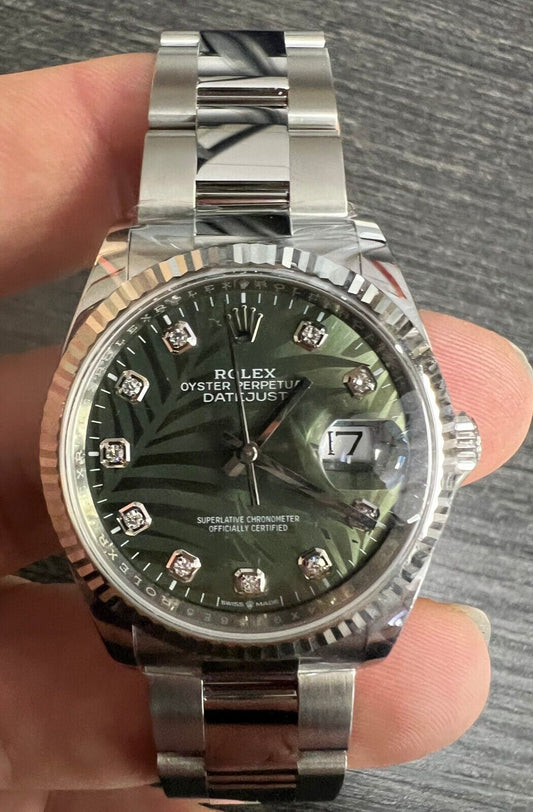 2023 Rolex Datejust 36mm Factory Green Palm Motif Diamond Dial 126234