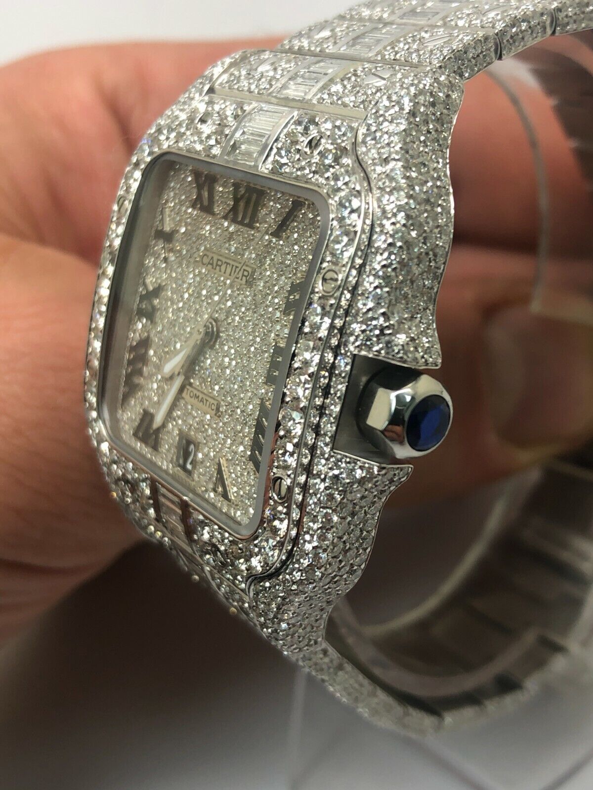 Cartier Santos 40mm Iced Out VVS Emerald Cut Diamond Roman Numeral Watch