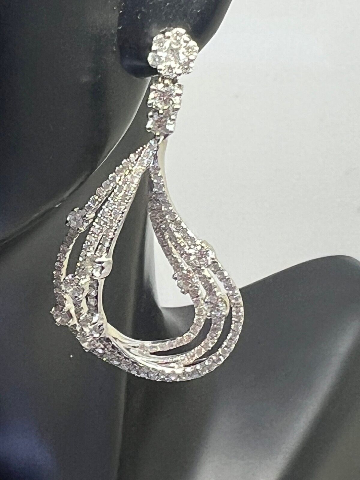 14k White Gold Diamond Pavee' Drop Dangle Stackable Flower Earrings