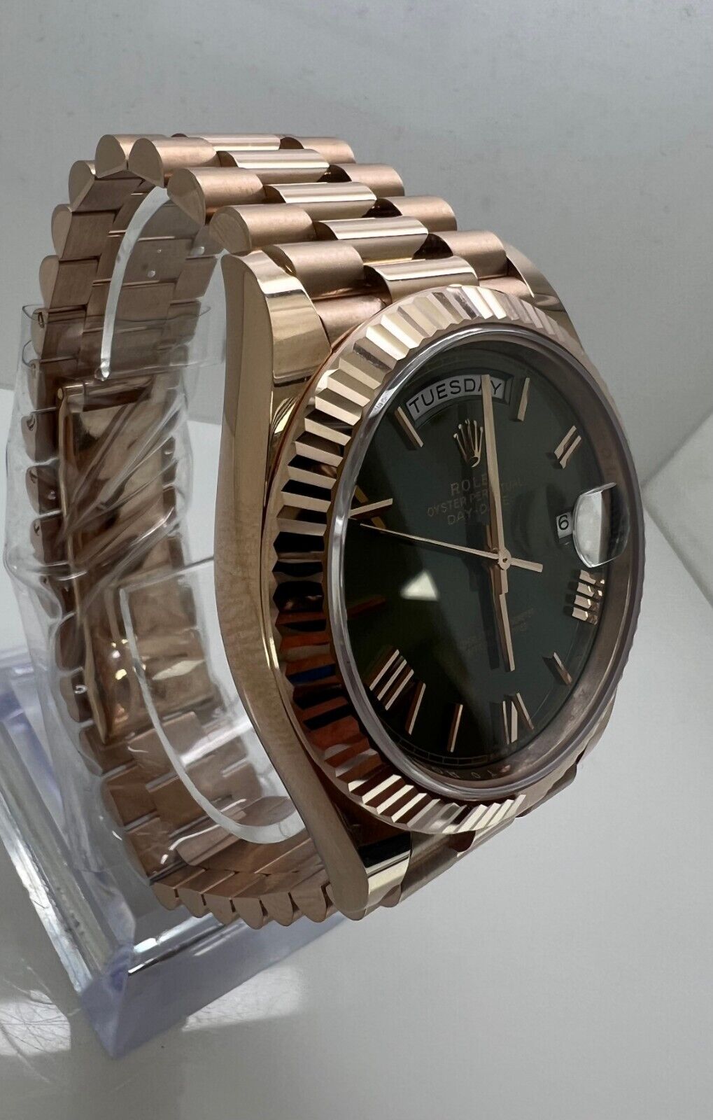 Rolex Day-Date 228235 Pink President Bracelet with Pink Bezel Olive Dial Watch
