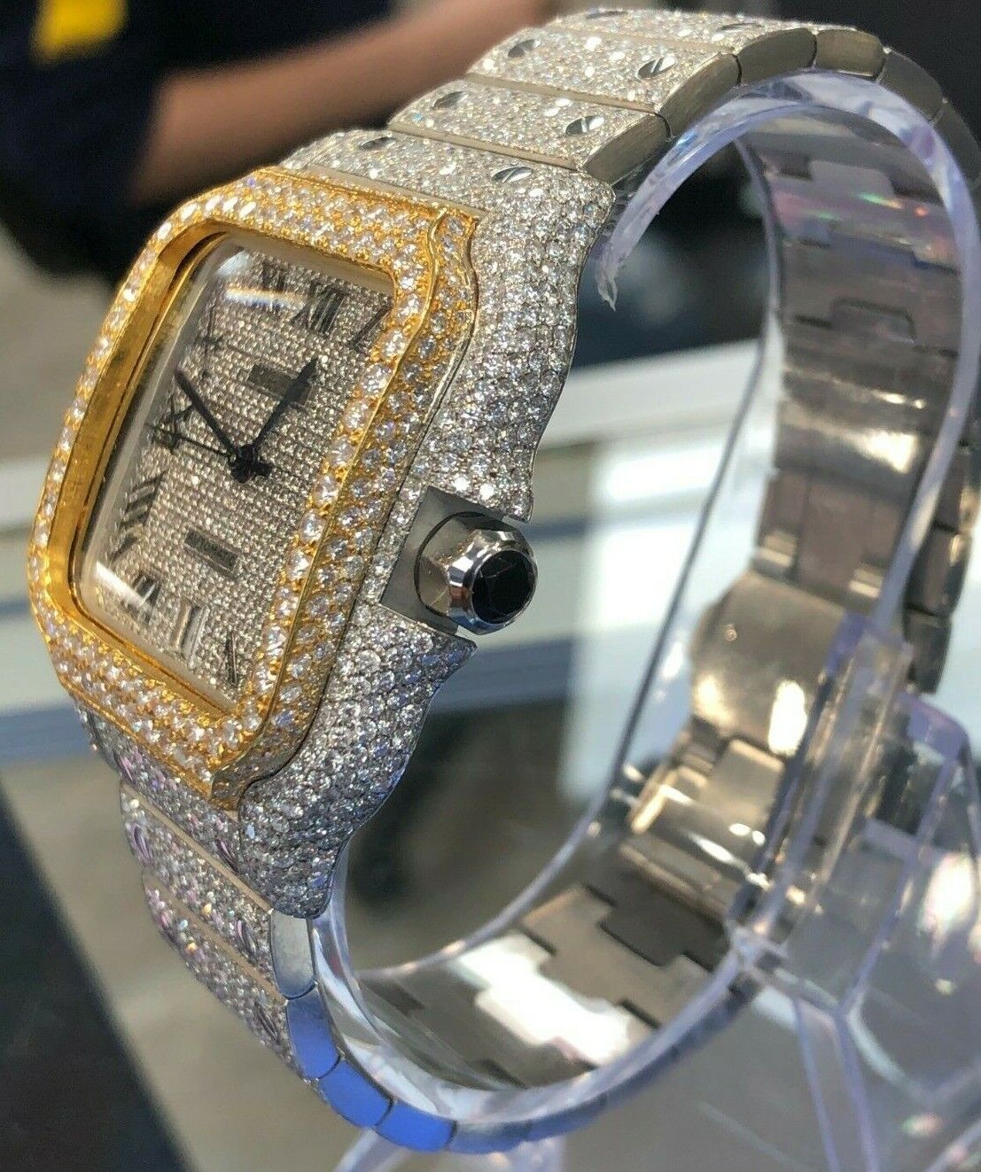 Custom Iced Out Cartier Santos 18k Gold/SS Wrist Watch 40mm XL