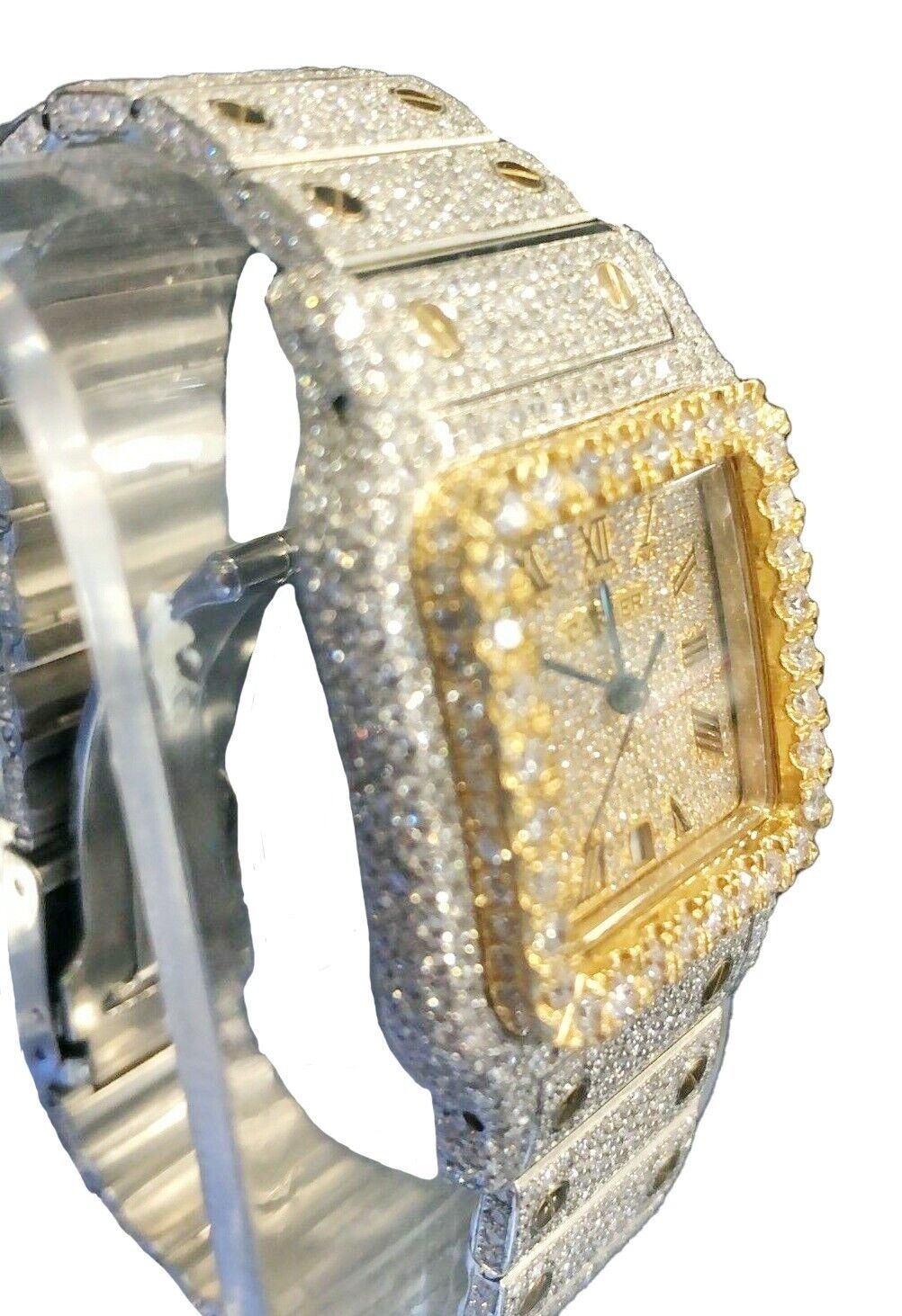 Ladies Cartier Santos WSSA0018 29mm IcedOut TwoTone 18K Yellow Gold Custom Watch