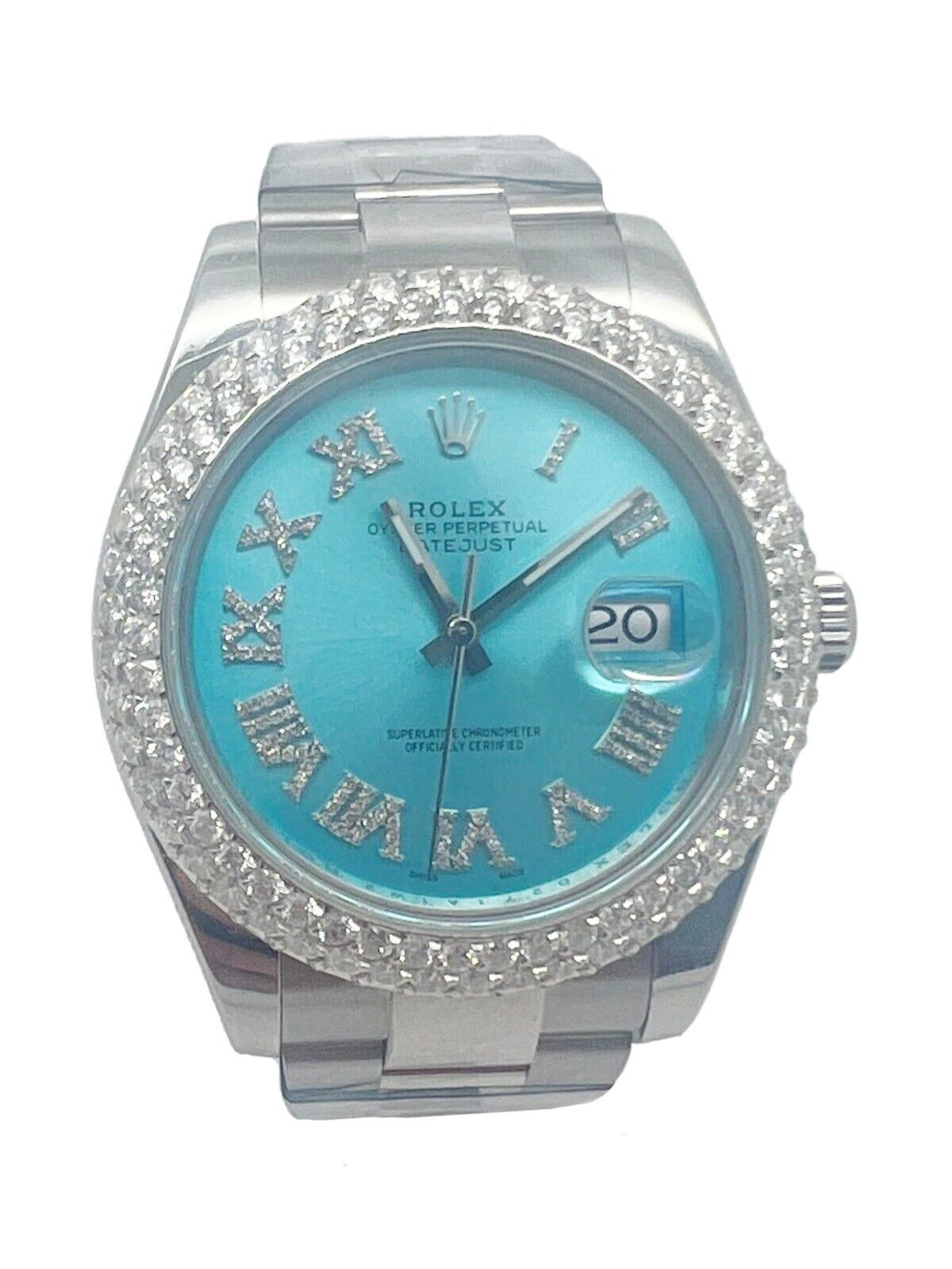 Rolex 41mm Turquoise Roman Dial 3cttw Diamond Bezel