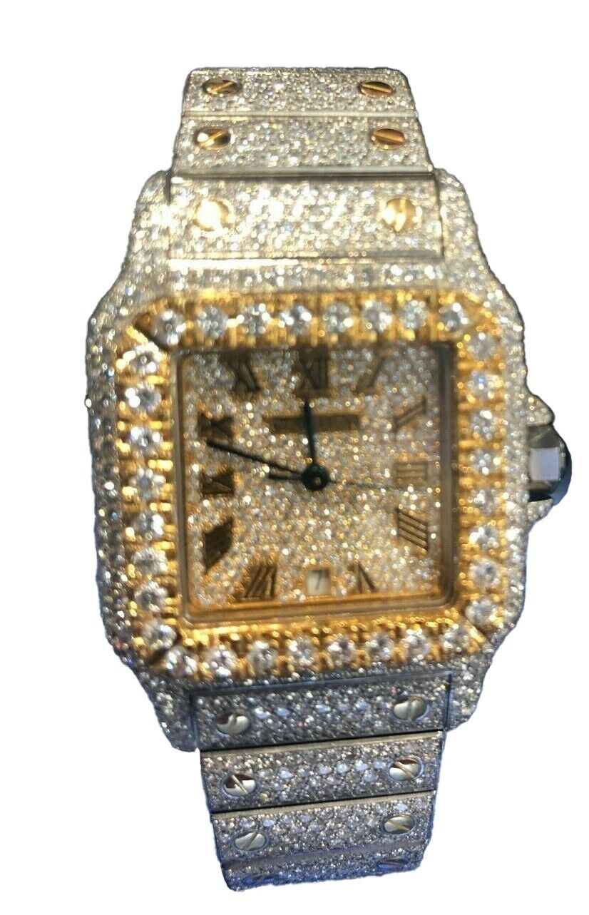 Ladies Cartier Santos WSSA0018 29mm IcedOut TwoTone 18K Yellow Gold Custom Watch