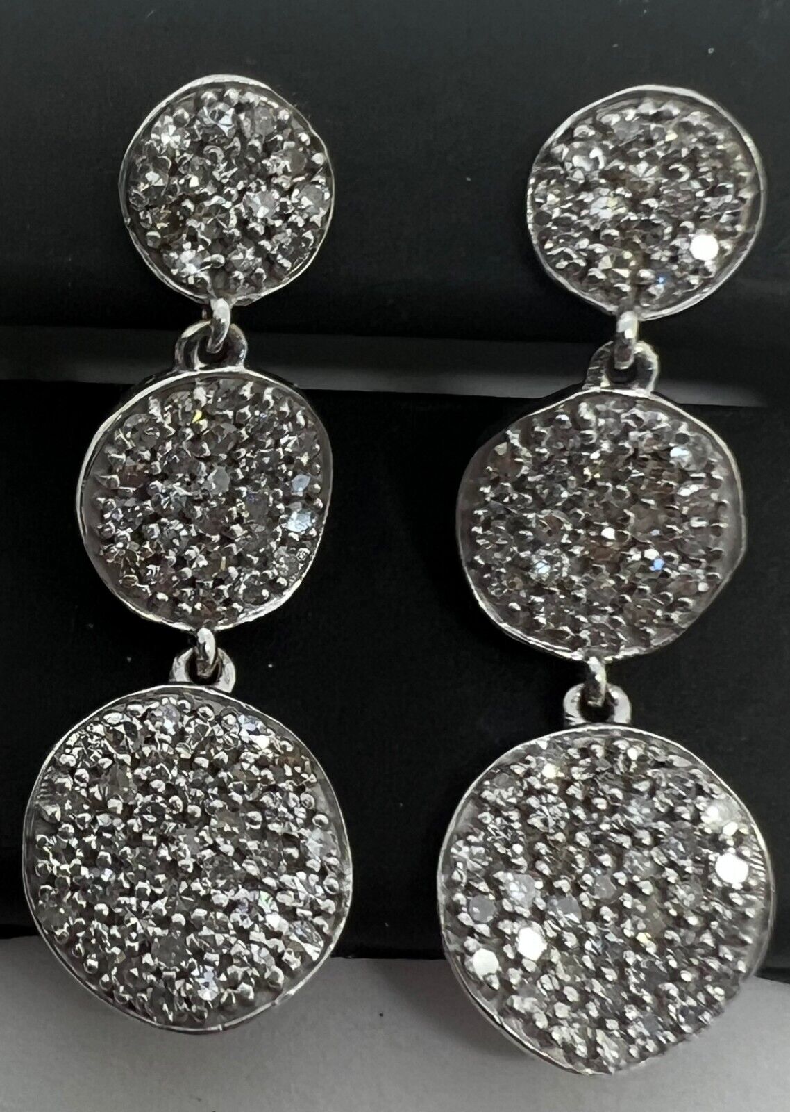 14k White Gold Diamond Pave Drop Dangle Circle Earrings