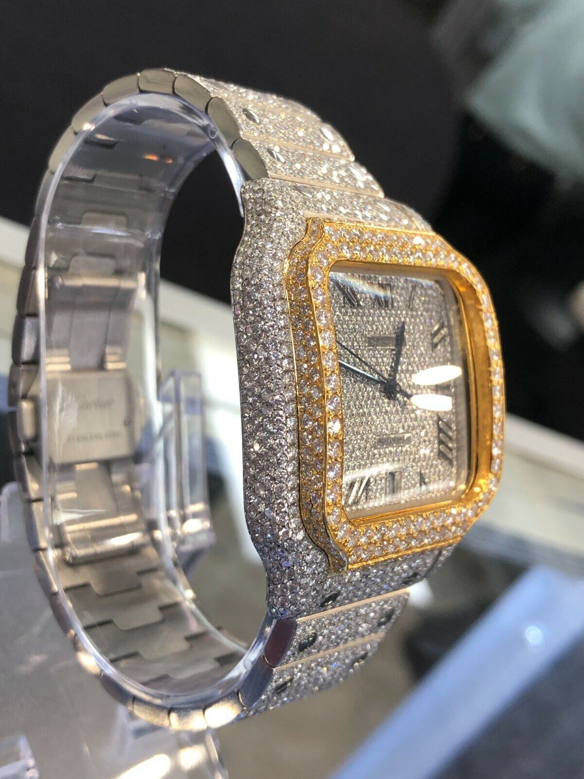 Custom Iced Out Cartier Santos 18k Gold/SS Wrist Watch 40mm XL