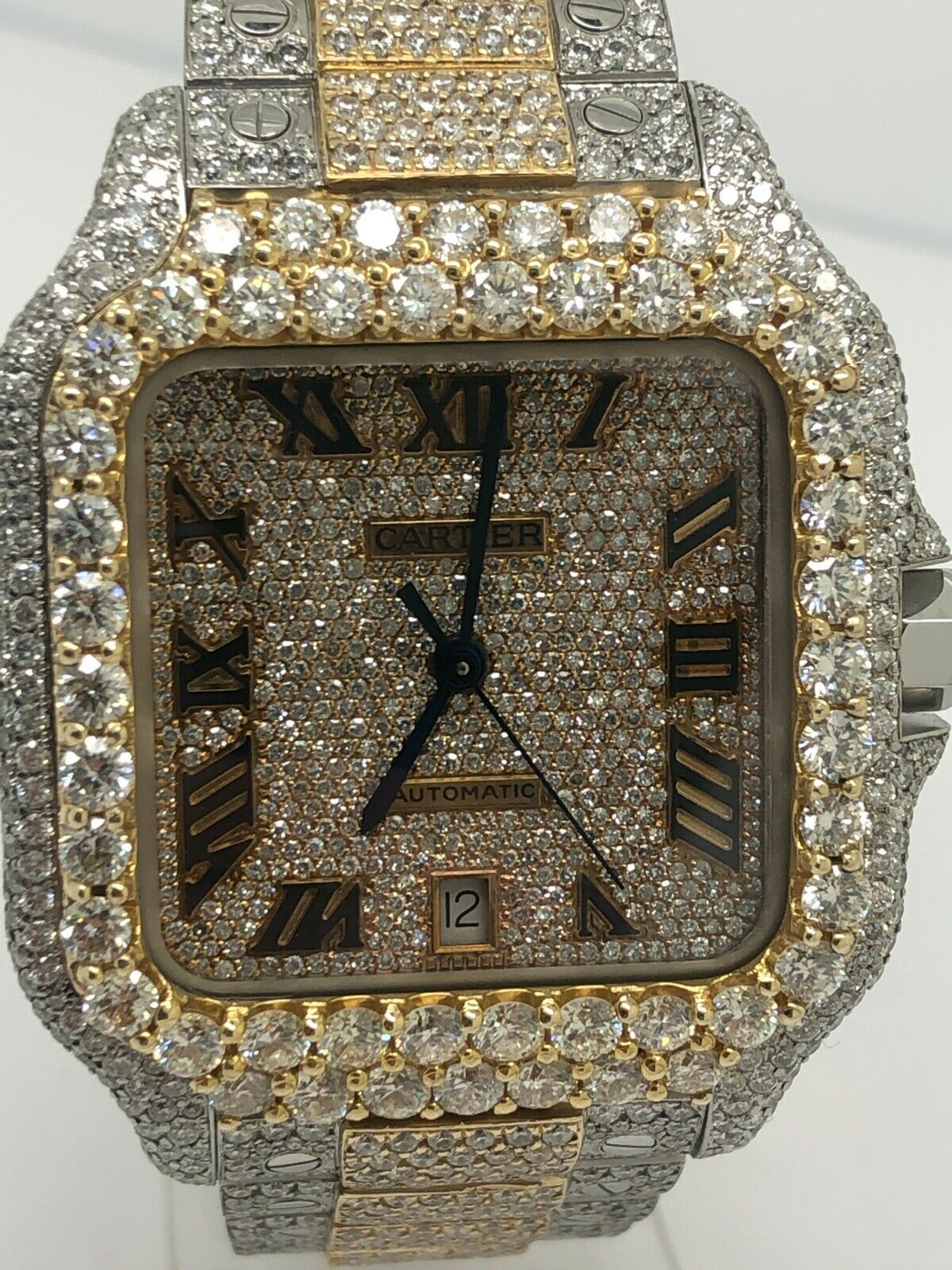 Cartier Santos Two Tone Custom Iced Out Bustdown Wrist Watch