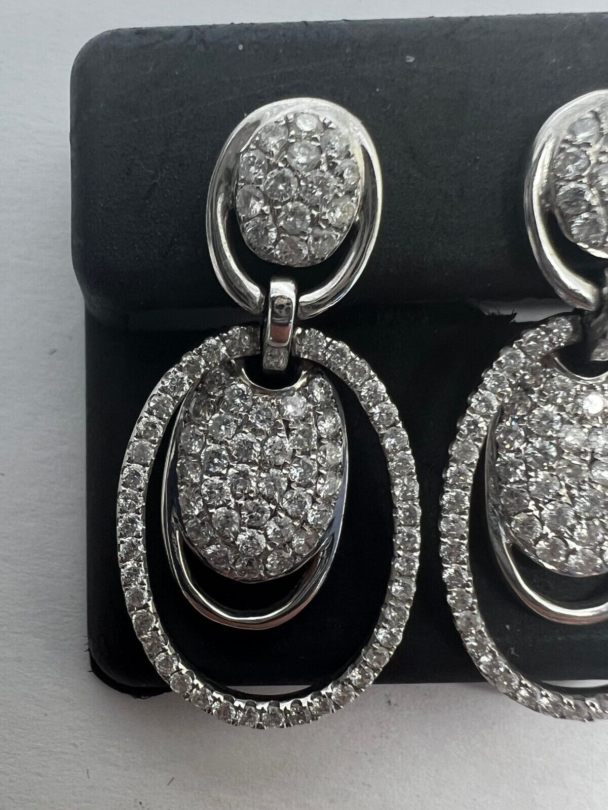 14k White Gold Diamond Pavee' Drop Dangle Oval Earrings
