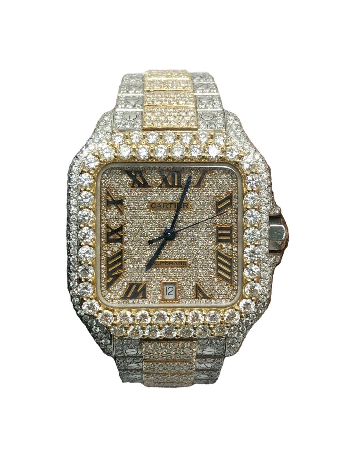 Cartier Santos Two Tone Custom Roman Numeral Iced Out Wrist Watch 40mm XL