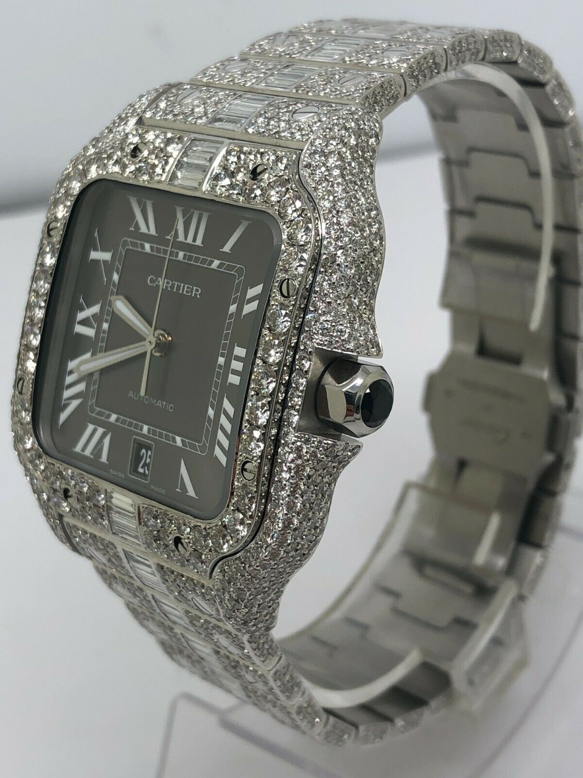 Cartier Santos 40mm Iced Out VVS Emerald Cut Diamond Roman Numeral Watch