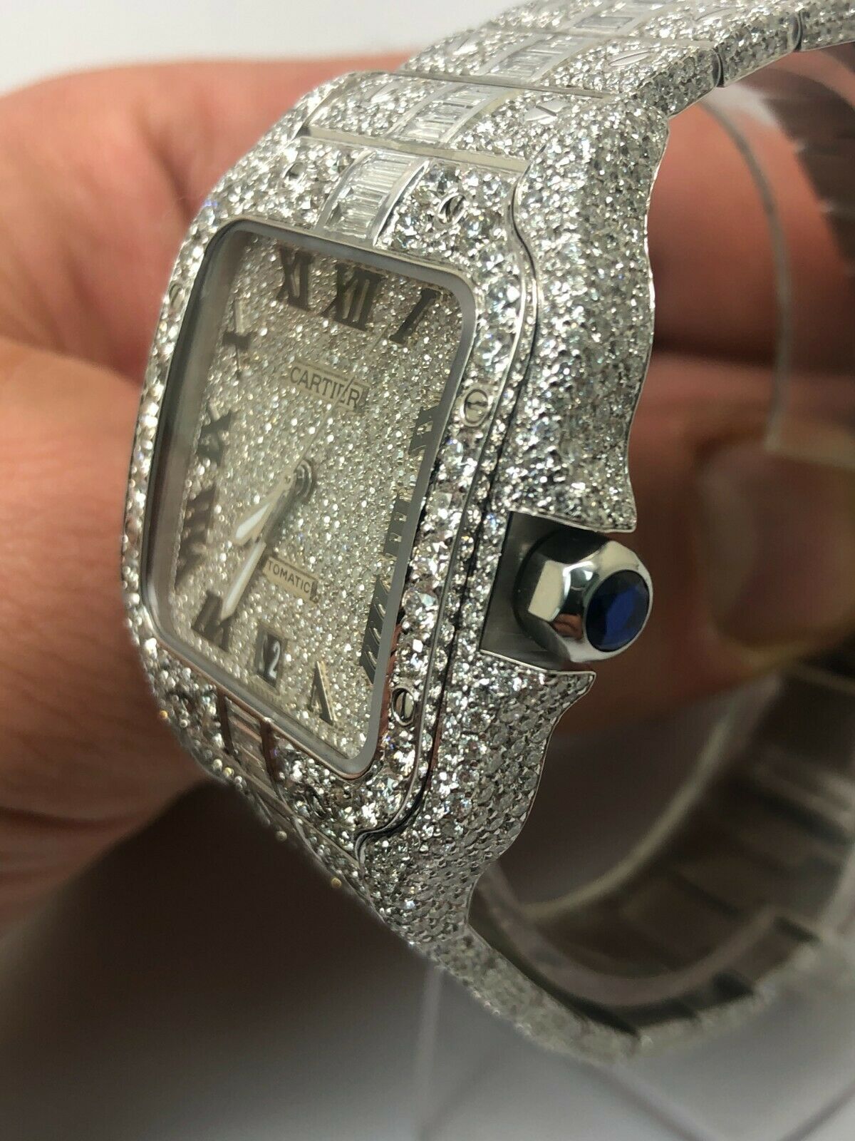 Cartier Santos 40mm Iced Out Emerald Cut Diamond Roman Numeral Watch