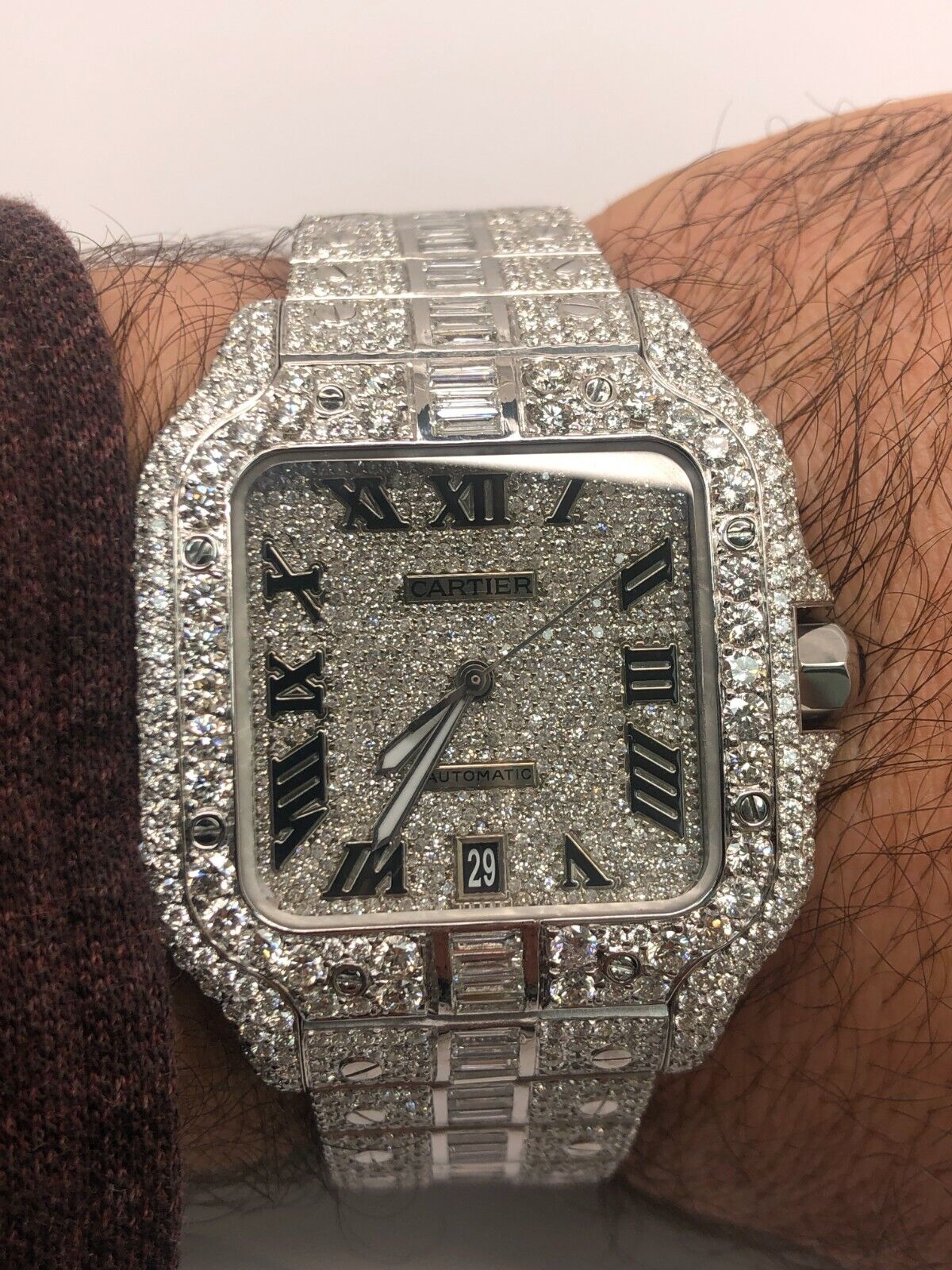 Cartier Santos 40mm Iced Out VVS Emerald Cut Diamond Roman Numeral Watch