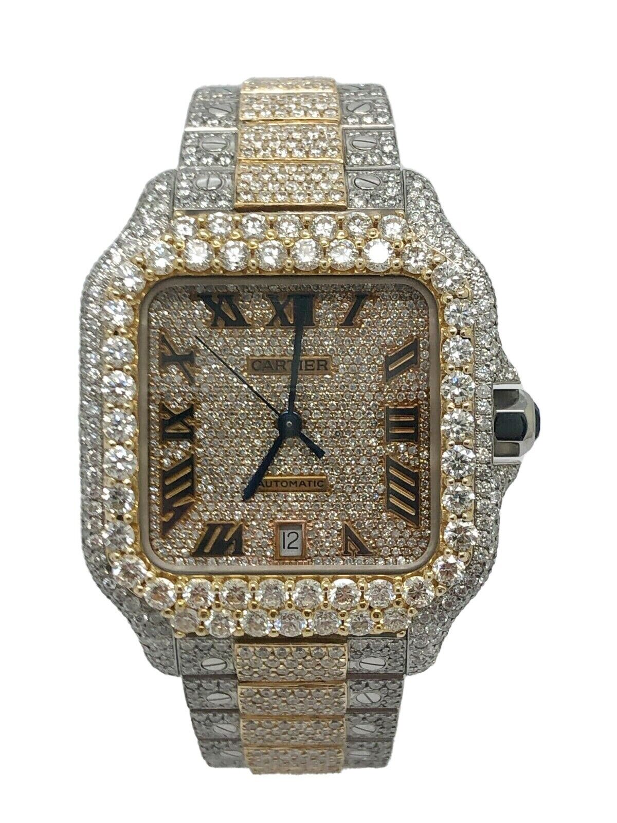 Cartier Santos Two Tone Custom Roman Numeral Iced Out Wrist Watch 40mm XL