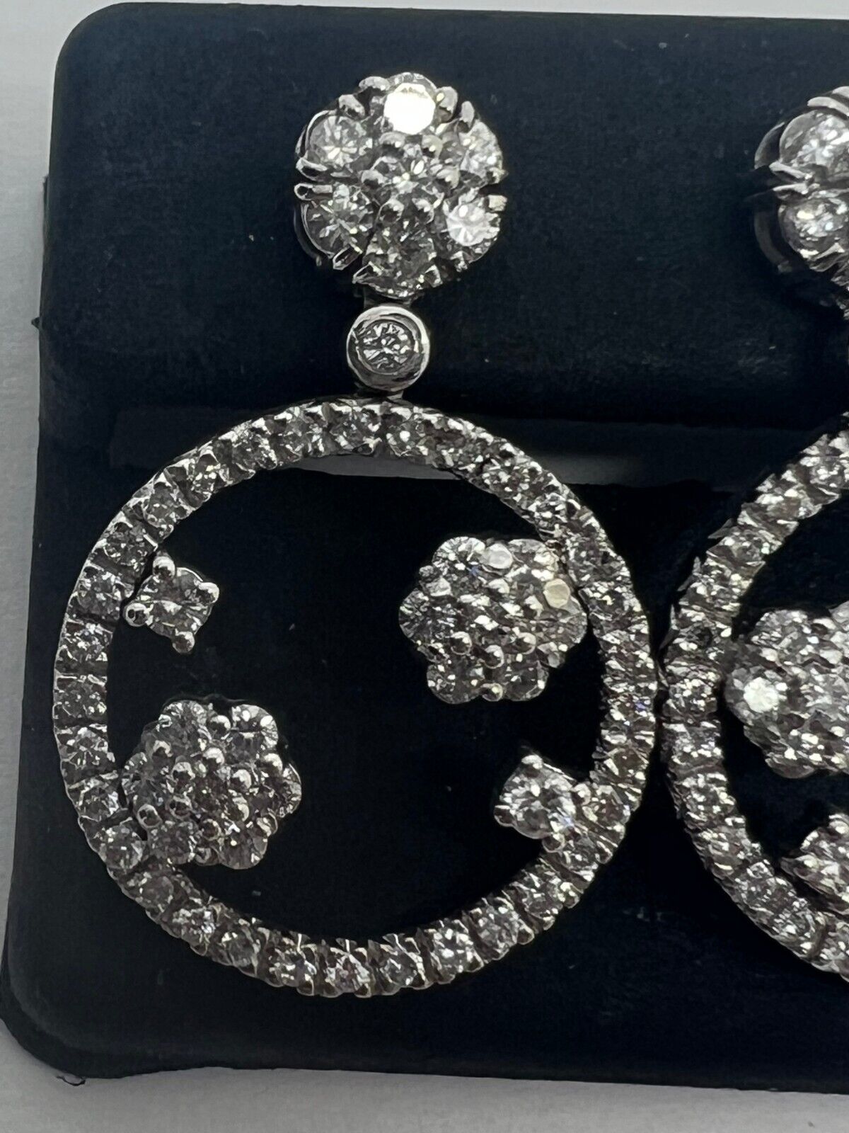 14k White Gold Diamond Drop Hoop Flower Earrings