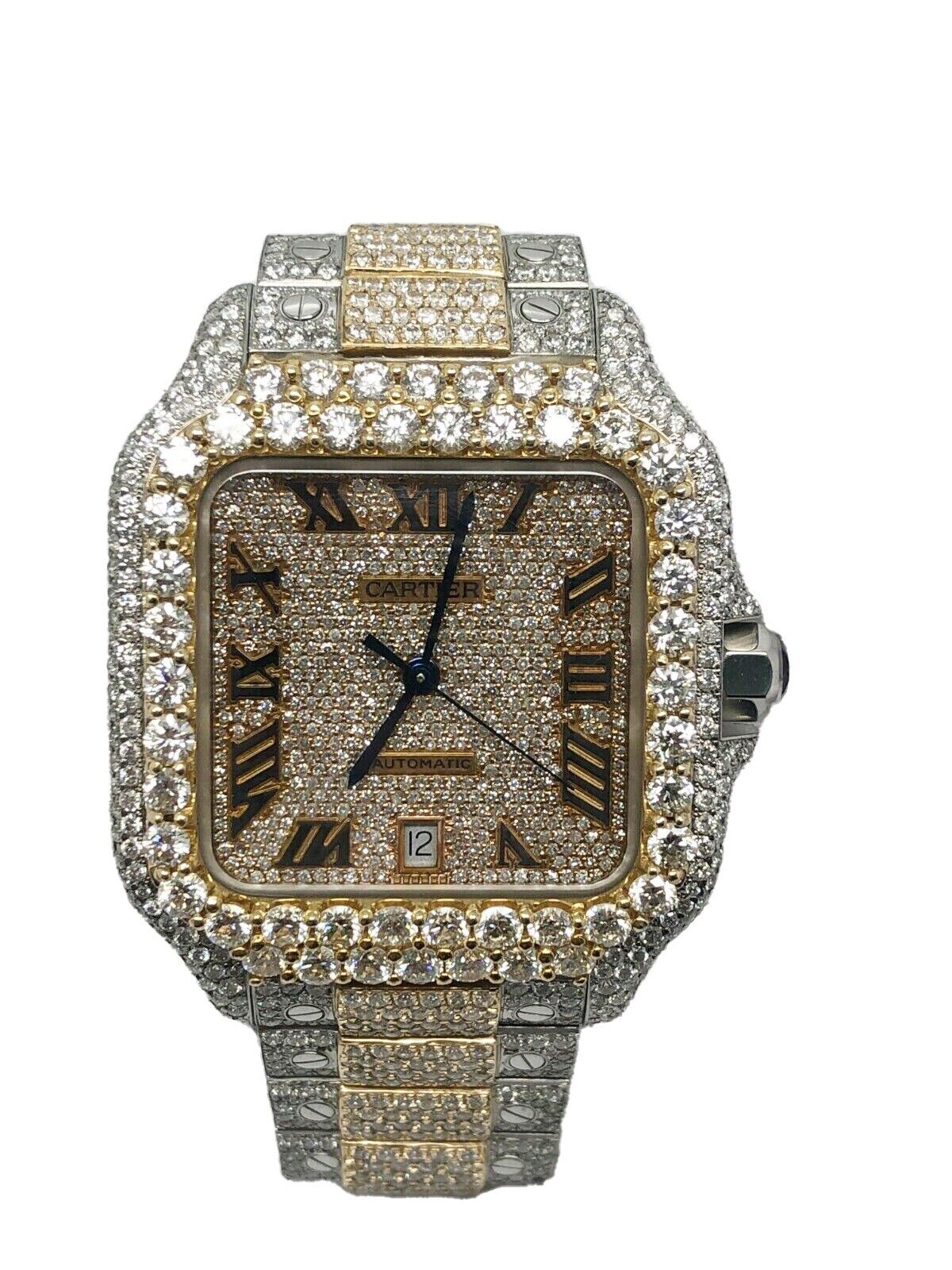 Cartier Santos Two Tone Custom Roman Numeral Iced Out Wrist Watch 40mm XL