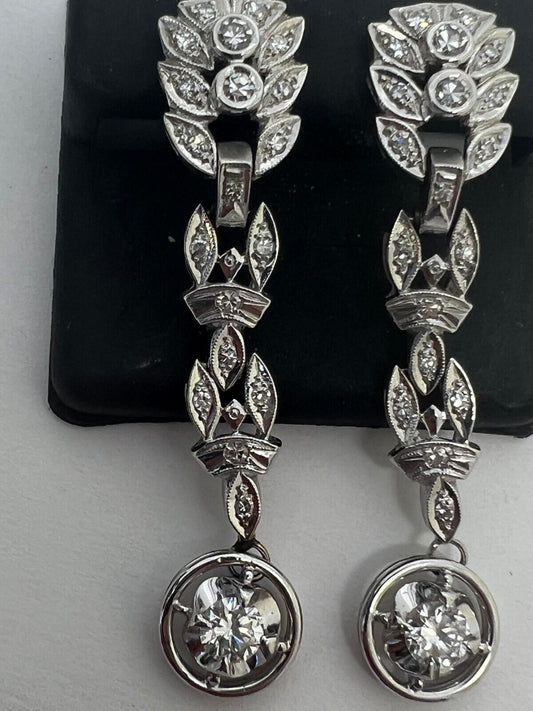 14k White Gold Diamond Leaf Drop Dangle Prong Set Earrings